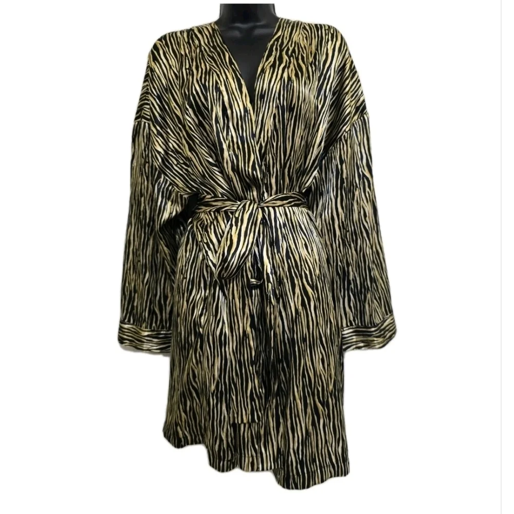 vintage‎ EVANDALE Intimates size M/L Silky Satin Animal Print Robe Black Gold